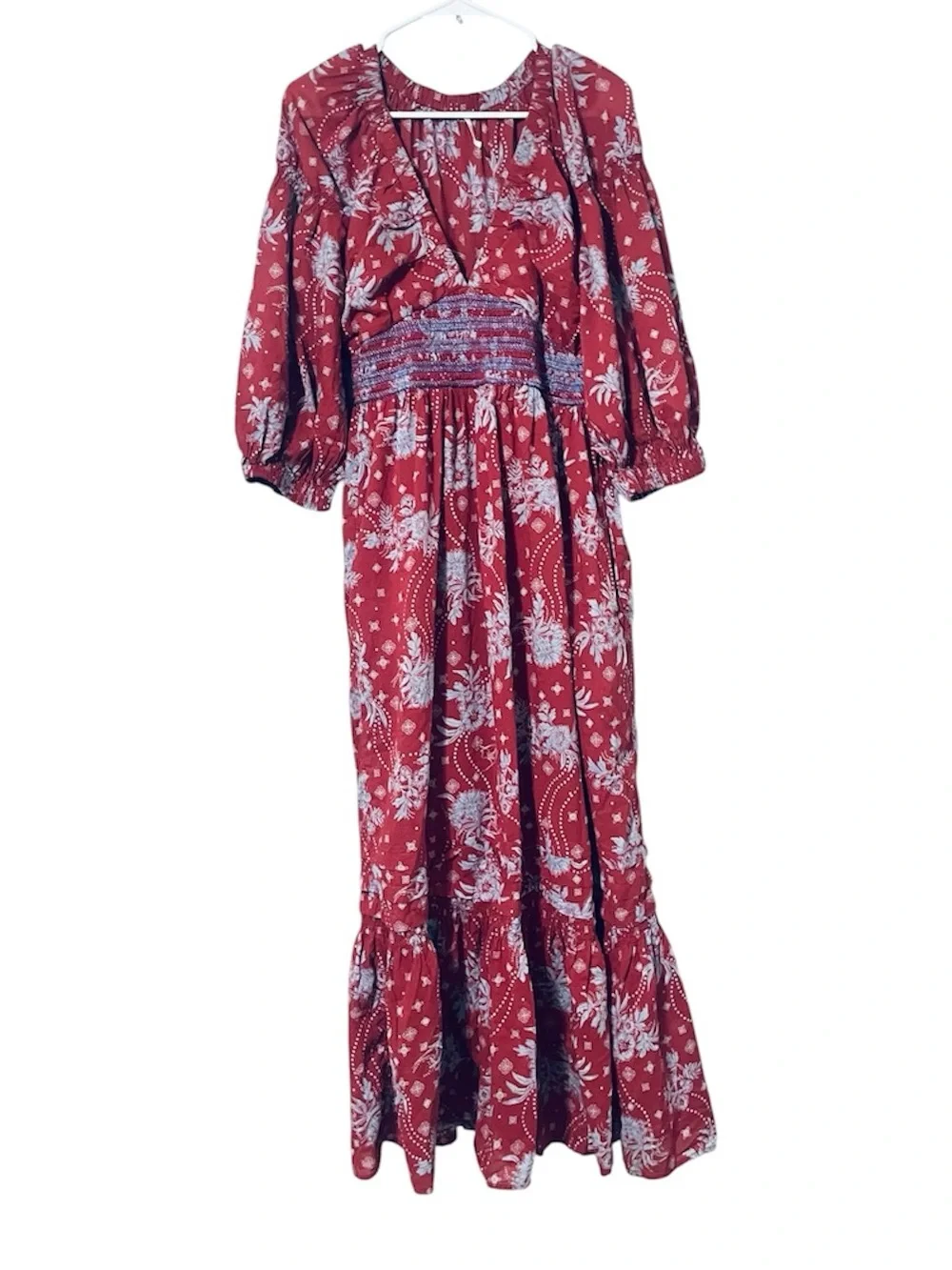 Free People Golden Hour Wine Combo Maxi Dress Red Blue Boho Cottagecore Medium